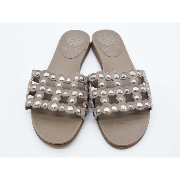 Vince Camuto Sandals Womens 6 Slides Brown Leather Cutout Studded Slip On Flat - Picture 7 of 11
